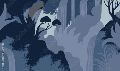 Atmospheric forest landscape with silhouetted trees and cascading waterfalls in shades of indigo and slate blue. A textured, stylized nature illustration with a peaceful, moody feel.