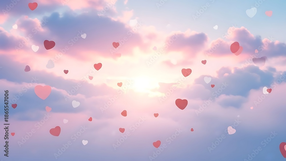 Fototapeta premium Romantic sunset sky filled with floating hearts and soft clouds. Valentine's Day
