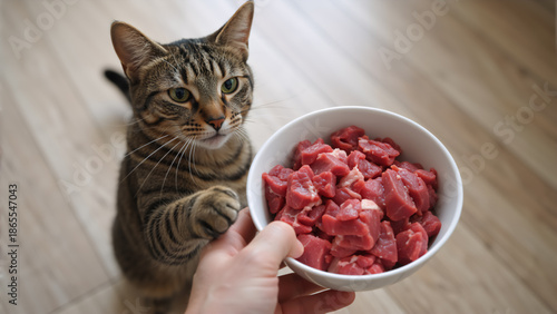 Owner feeding a domestic tabby cat a bowl of fresh raw meat. Healthy BARF diet for felines and pet care concept