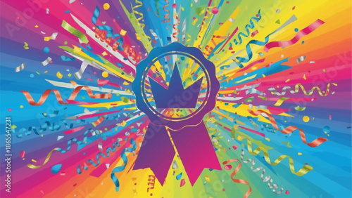 Award Ribbon with Crown Symbol and Colorful Confetti Explosion.