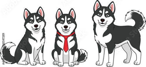 Cute husky dog cartoon characters sitting standing friendly pet animals vector illustration isolated white background modern design style mascot artwork