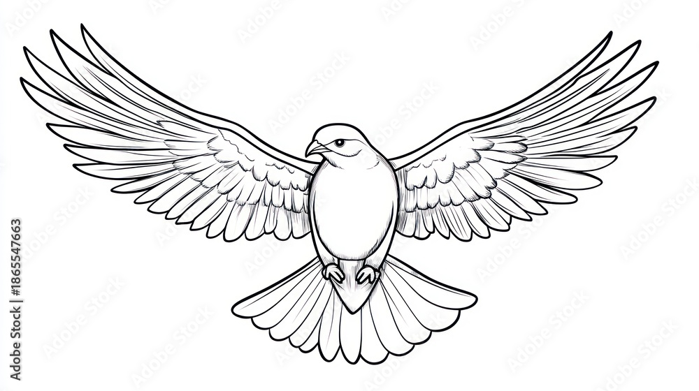 Fototapeta premium Soaring dove illustration depicting freedom and peace symbolism in black and white