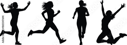 Active women silhouettes running jumping exercising illustration expressing fitness energy freedom sport lifestyle motion strength happiness health
