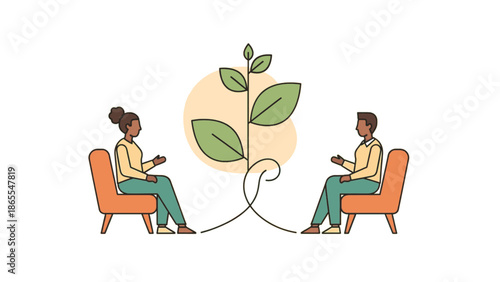Mental health counseling session illustration. Two people discussing growth therapy wellness and relationship development symbolized by a growing plant
