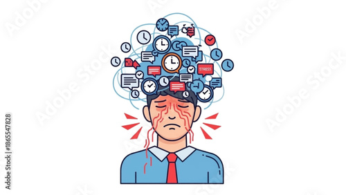 Man overwhelmed by work stress deadlines and time pressure represented by clocks and message bubbles illustration