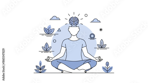 Mindfulness and meditation concept vector illustration. Person sitting in lotus position with glowing brain for mental clarity and focus