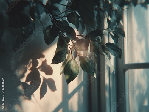Soft window light filtering through leafy branches creating gentle shadows, muted tones and a calm interior nature mood with quiet elegance
