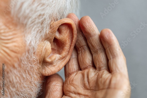 Elderly man with symptom of hearing loss, or deaf person with hand gesture to listen