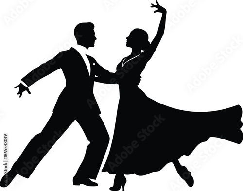 Elegant ballroom dancing couple silhouette illustration performing romantic waltz with flowing dress expressing grace movement love music partnership