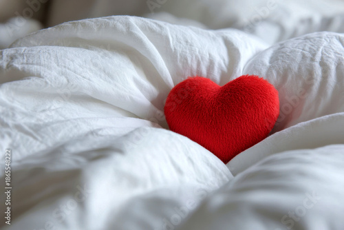 Red fabric heart resting on soft white bed sheets, creating a romantic scene for love, valentine's day, anniversaries, and special intimate moments.