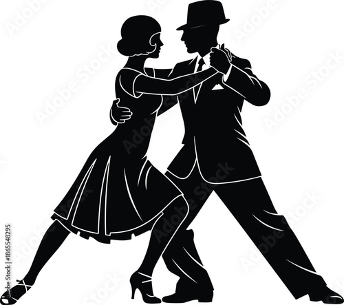 Elegant tango dancing couple silhouette illustration showing passion romance movement music partnership vintage ballroom style dramatic classic performance