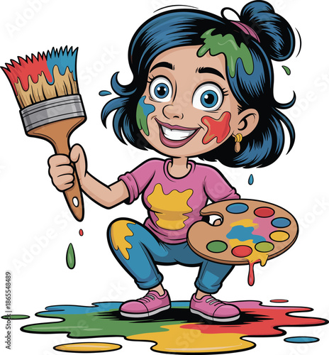 Cheerful Girl Artist Covered in Paint Holding a Palette and Large Brush IllustrationCheerful Girl Artist Covered in Paint Holding a Palette and Large Brush Illustration
