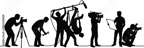 Film crew working silhouette illustration showing camera operators, sound recording, lighting setup, filmmaking teamwork, video production process, behind scenes concept