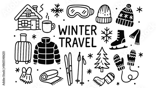 A black and white illustration of winter travel icons and accessories