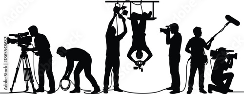 Film production crew silhouette illustration showing cameramen, lighting, sound recording, filmmaking teamwork, media production process, behind the scenes concept