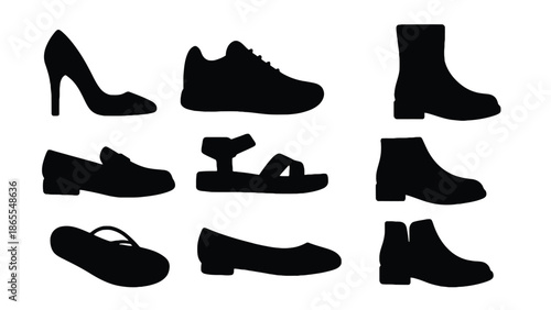 A collection of various black silhouettes of shoes and boots on a white background