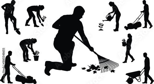 Gardening activity silhouette set showing raking, planting, watering, lawn mowing, landscaping work, outdoor maintenance, eco friendly lifestyle concept isolated