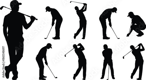 Golf player silhouette collection illustrating swing sequence, putting stance, sports action, professional training, athletic performance, outdoor competition concept isolated