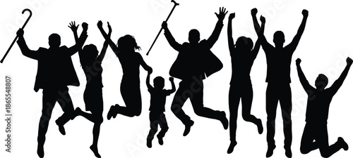 Happy people celebrating together silhouette illustration showing success, victory, teamwork, freedom, achievement, family joy, positive emotion, community celebration concept