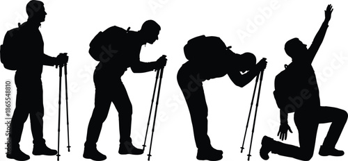 Hiker silhouette sequence showing trekking effort and success, backpacker resting and celebrating achievement, outdoor adventure, endurance, mountain exploration concept