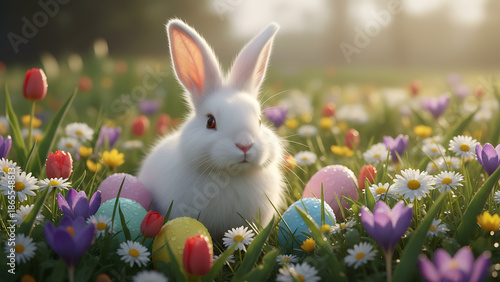 Fluffy Easter Bunny & Pastel Eggs in Spring Flower Field, Magical Morning Light, Holiday Season