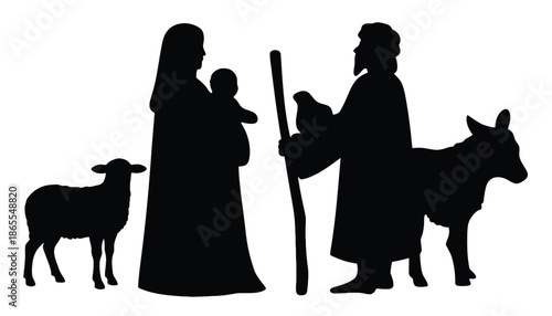 A silhouette of a family with a baby and animals on a white background
