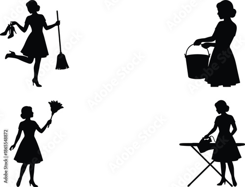 Housewife household chores silhouette set illustrating cleaning, housekeeping, domestic work, home duties, traditional lifestyle, daily routine concept isolated
