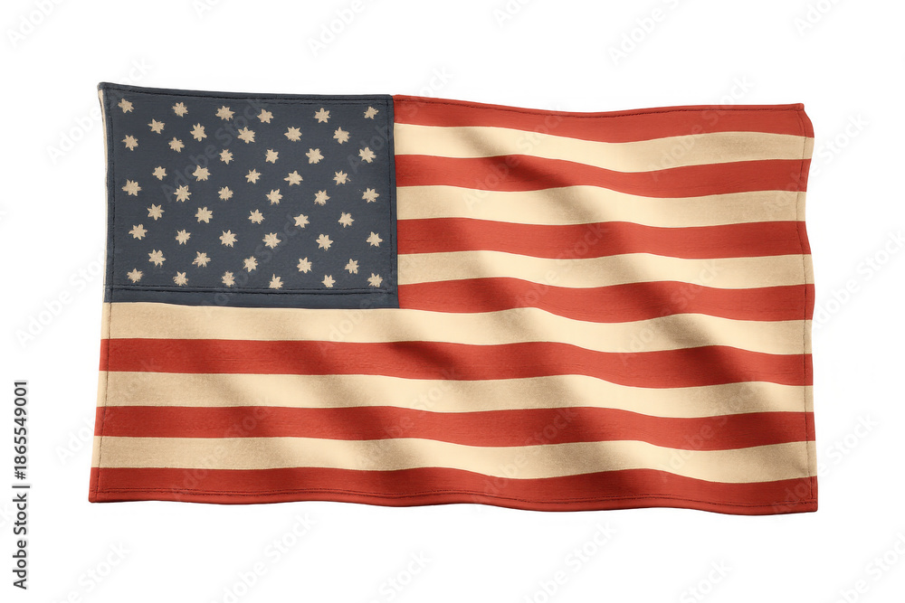 Fototapeta premium United states flag with a textured fabric effect, displaying waving stars and stripes on a clear, transparent background