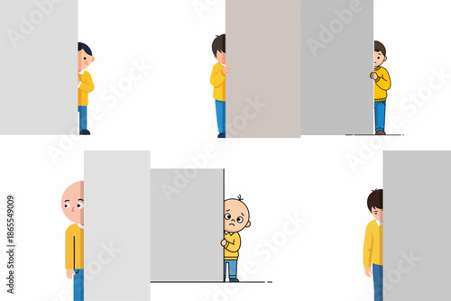 Set of six vector illustrations depicting male characters in various poses and emotions, peeking around large blank banners or signs, perfect for space text or announcements.