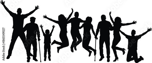 People celebrating together silhouette illustration showing happiness, success, unity, freedom, family joy, teamwork achievement, positive energy, community celebration concept