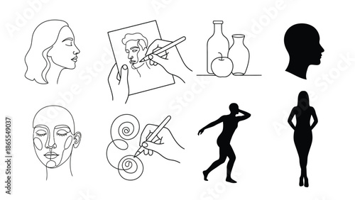 A collection of artistic illustrations featuring human figures and still life compositions