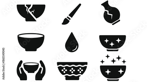 A collection of black and white icons depicting various bowls and hands