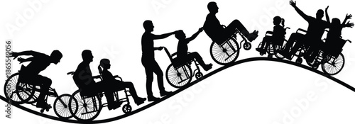 Wheelchair users journey silhouette illustration showing disability support, caregiving help, overcoming challenges, inclusion, teamwork, mobility progress, success and celebration concept