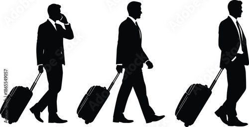 Business traveler silhouettes illustration walking men pulling suitcases corporate travel commute isolated black vector art for stock marketing branding design