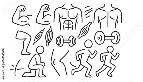 A black and white illustration of various fitness icons and exercises for a healthy lifestyle