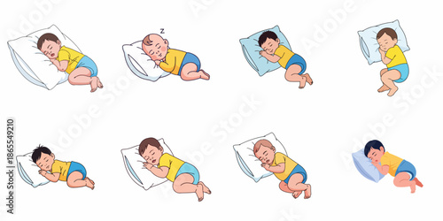 A collection of cartoon illustrations showing cute babies peacefully sleeping on pillows in various comfortable positions.