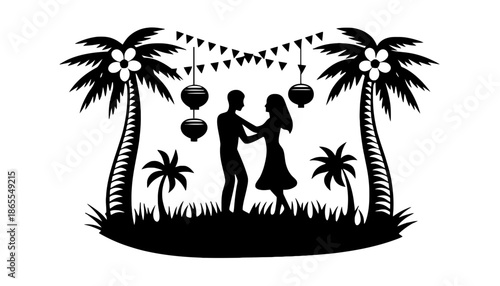 A romantic couple dancing under palm trees with lanterns and flags at night