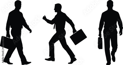 Businessmen silhouettes illustration showing walking and running office professionals with briefcases isolated black vector art for corporate marketing branding