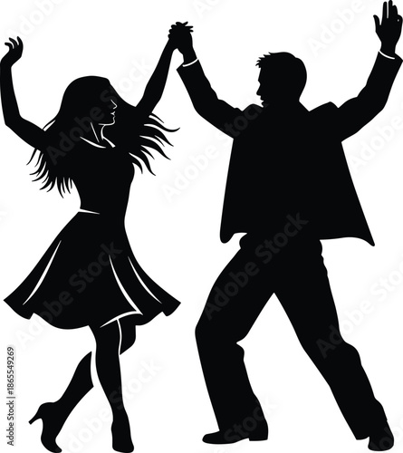 Happy dancing couple silhouette illustration expressing joy romance celebration movement music nightlife party energy love fun lifestyle passion happiness entertainment