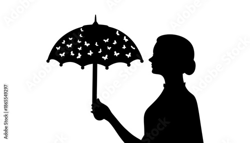 A woman holds an umbrella with butterflies in a simple black silhouette