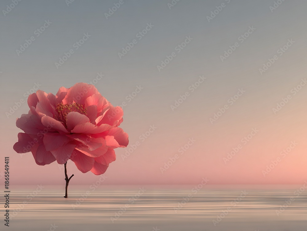 Fototapeta premium Surreal solitary pink blossom floating above calm horizon at sunset with minimal composition, soft gradients and tranquil dreamlike atmosphere