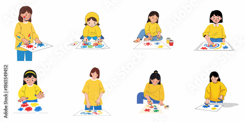 Collection of eight illustrations featuring happy young girls engaged in playful and messy finger painting activities, celebrating childhood creativity and art development.
