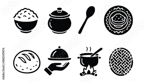 A set of black and white icons representing various food and cooking symbols