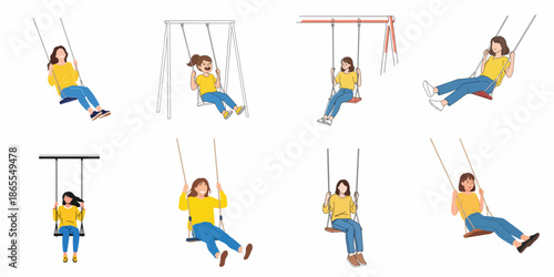 Eight illustrations showing diverse young women and a girl happily swinging on playground swings, symbolizing freedom and joy.