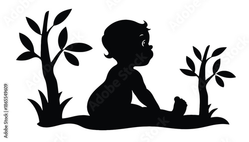 A black silhouette of a baby sitting between two small plants on the ground
