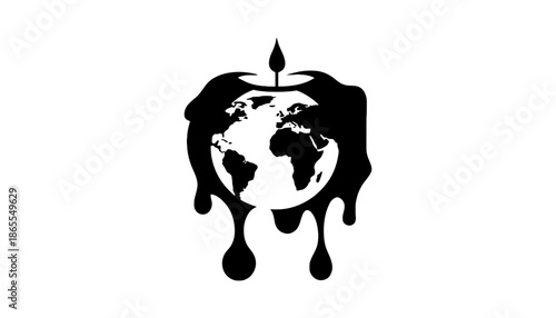 A black and white illustration of a melting apple with a globe inside