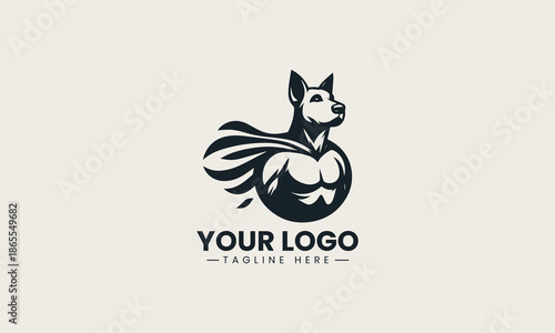 Brave superhero dog character wears blue suit and red cape powerful and heroic