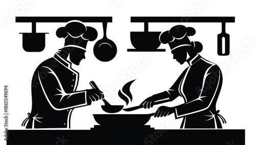 Two chefs cooking together in a professional kitchen with utensils and pots