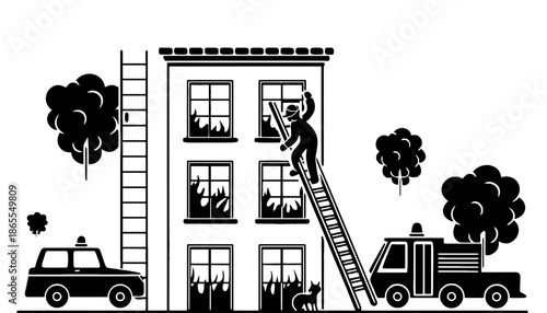 A fireman on a ladder rescuing people from a burning building with fire trucks nearby