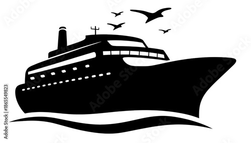 A black silhouette of a cruise ship sailing on the ocean with seagulls flying overhead